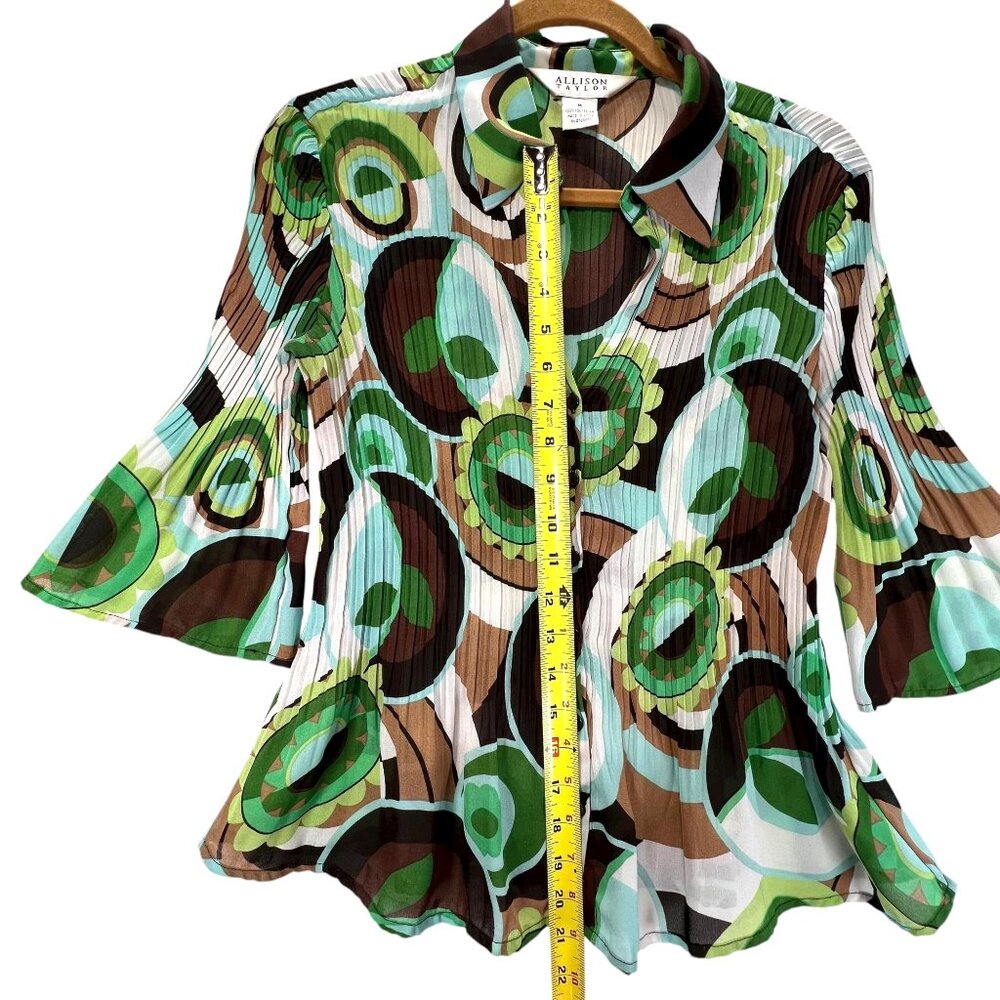 Allison Taylor Blouse Boho Hippie Green Abstract 3/4 Bell Sleeve Pleated Med Top - Picture 11 of 12
